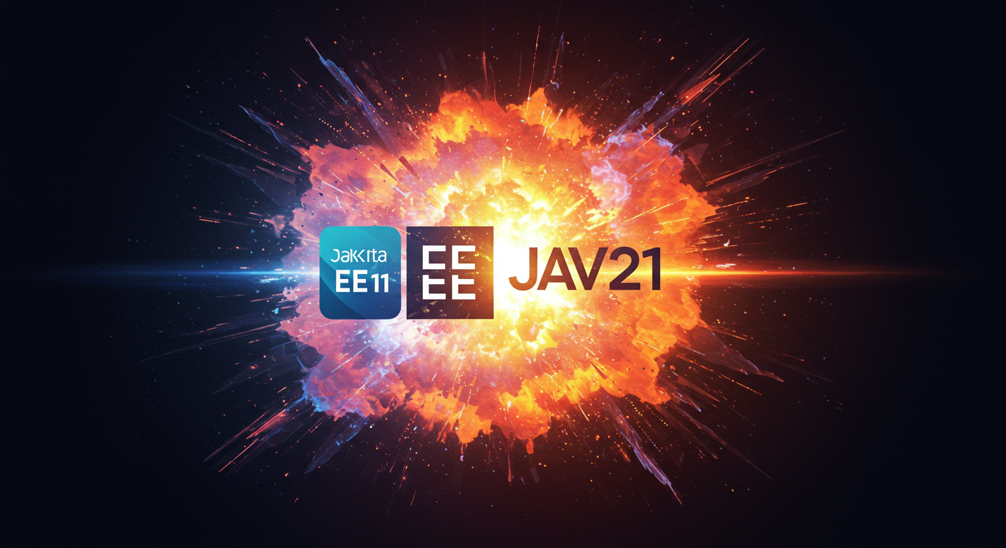 Eye-catching visual of Jakarta EE 11, Java 21, enterprise Java
and  AI technology vibes