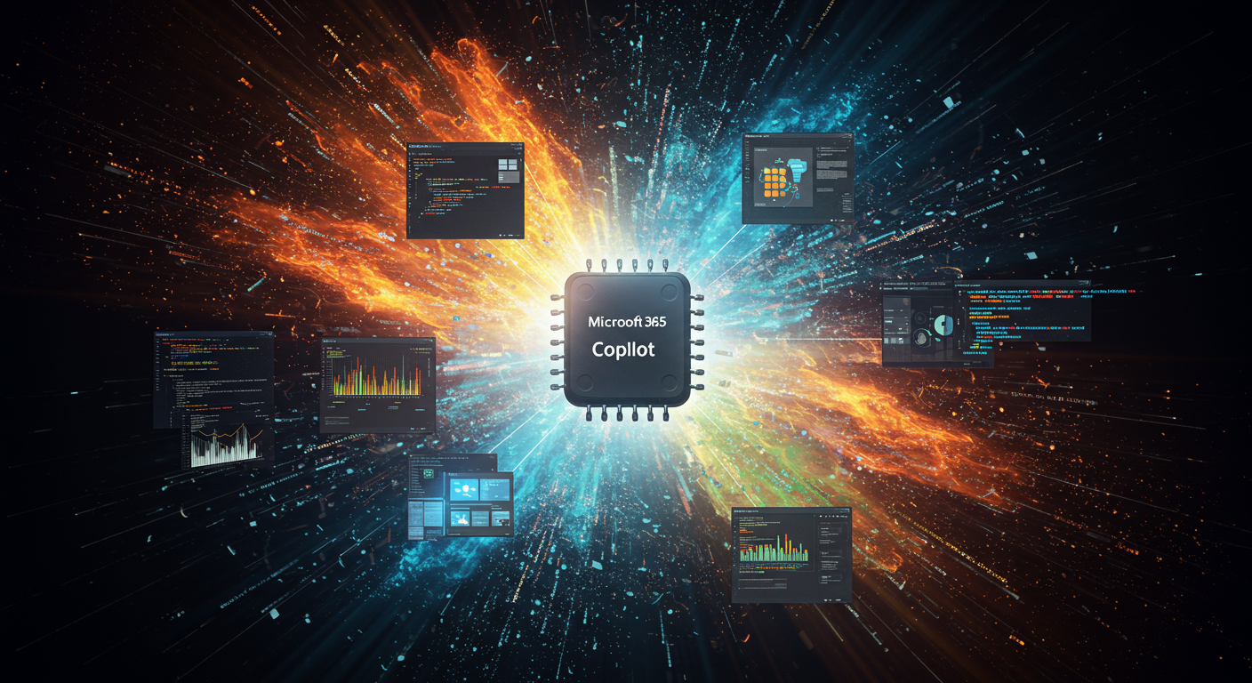 Eye-catching visual of Microsoft 365 Copilot, AI applications, Microsoft Graph API and AI technology vibes