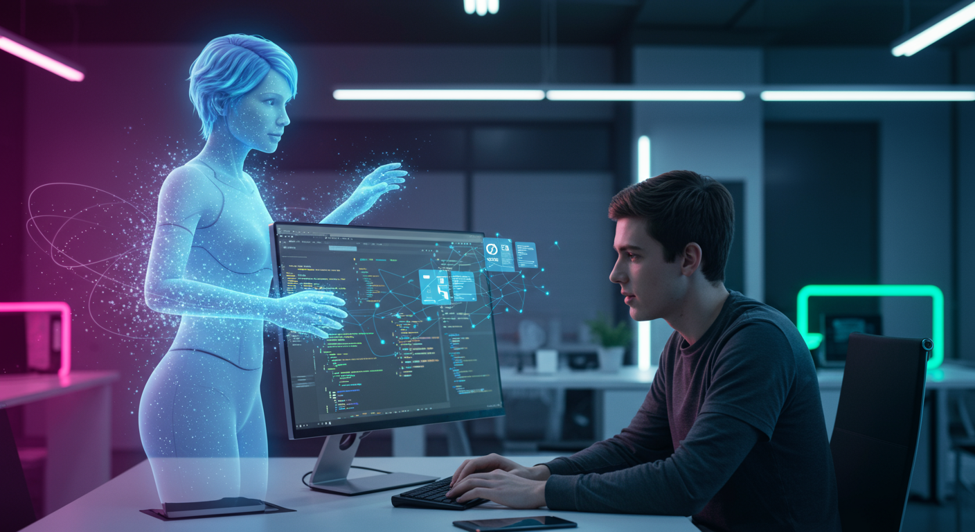 Eye-catching visual of AI-powered development, Low-code, OutSystems Mentor
and  AI technology vibes