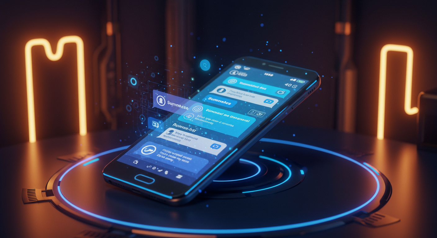 Eye-catching visual of WhatsApp, AI, Summaries
and  AI technology vibes