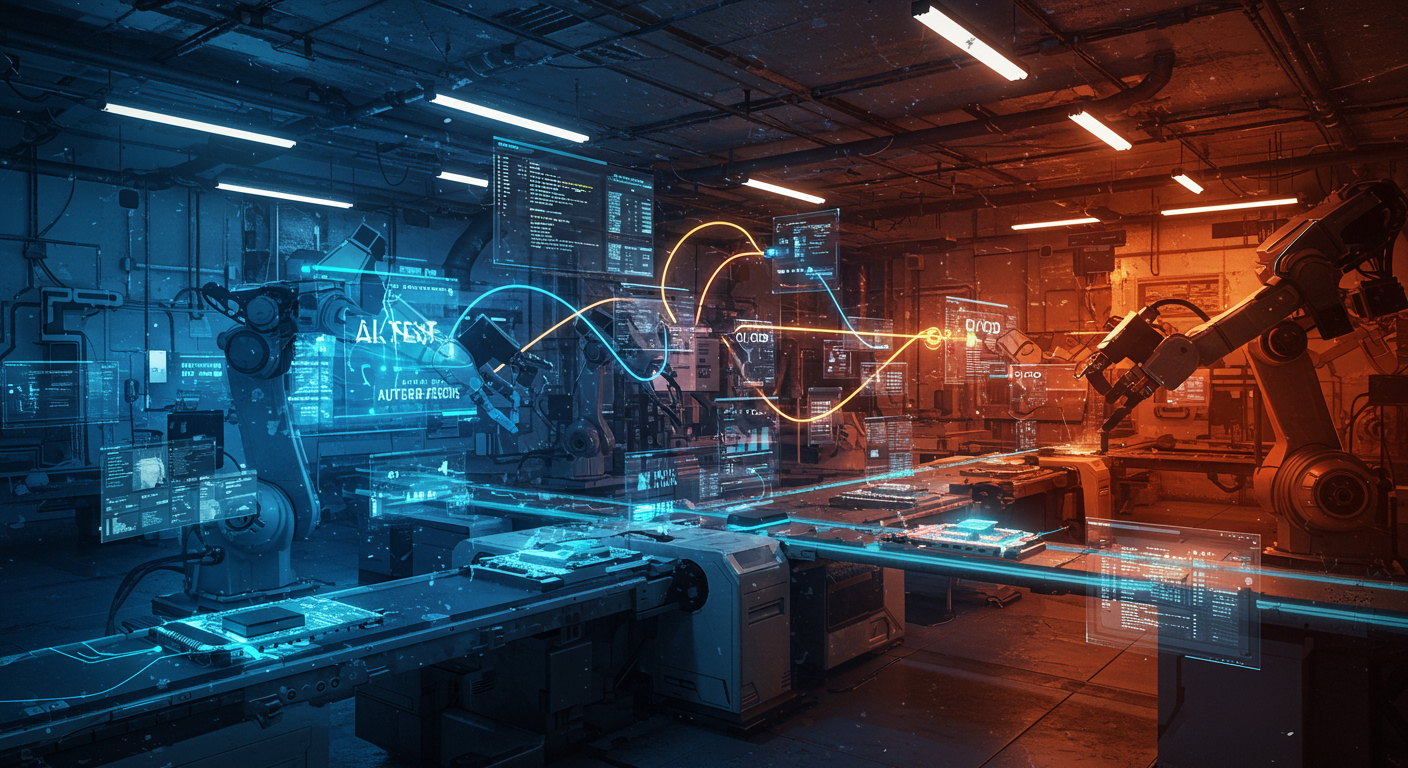 Eye-catching visual of AI testing, test automation, CI/CD
and  AI technology vibes