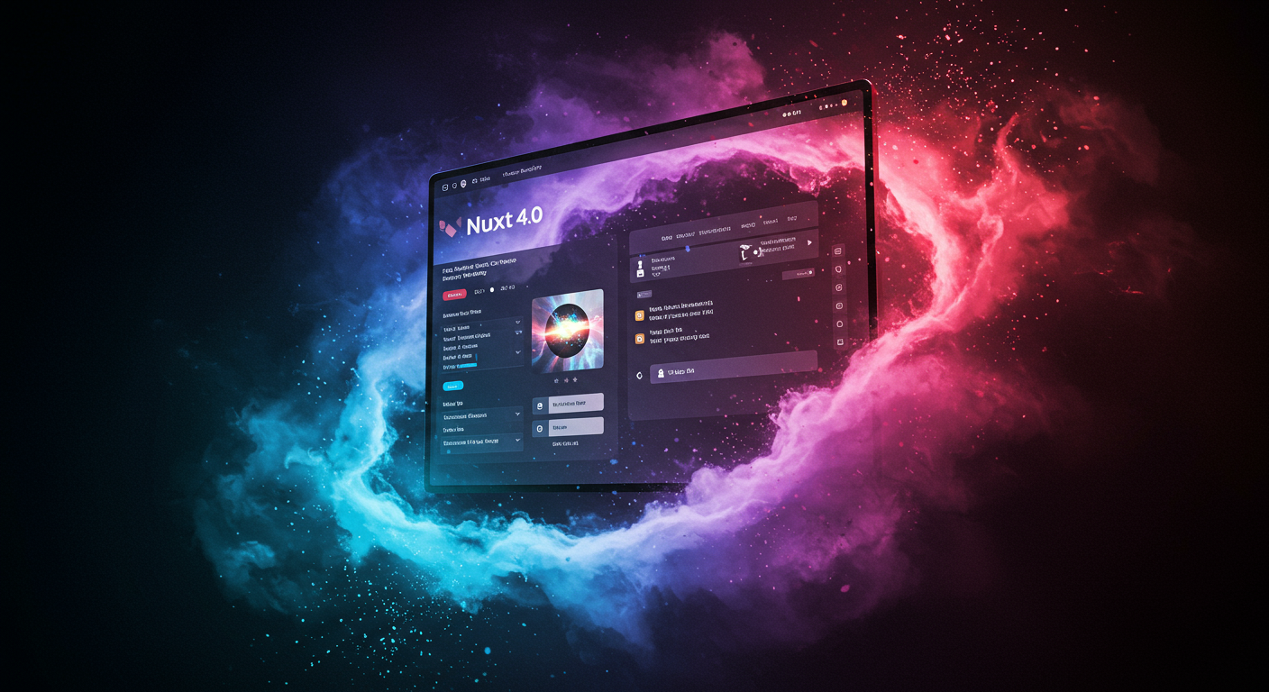 Eye-catching visual of Nuxt 4.0, TypeScript, Data fetching
and  AI technology vibes