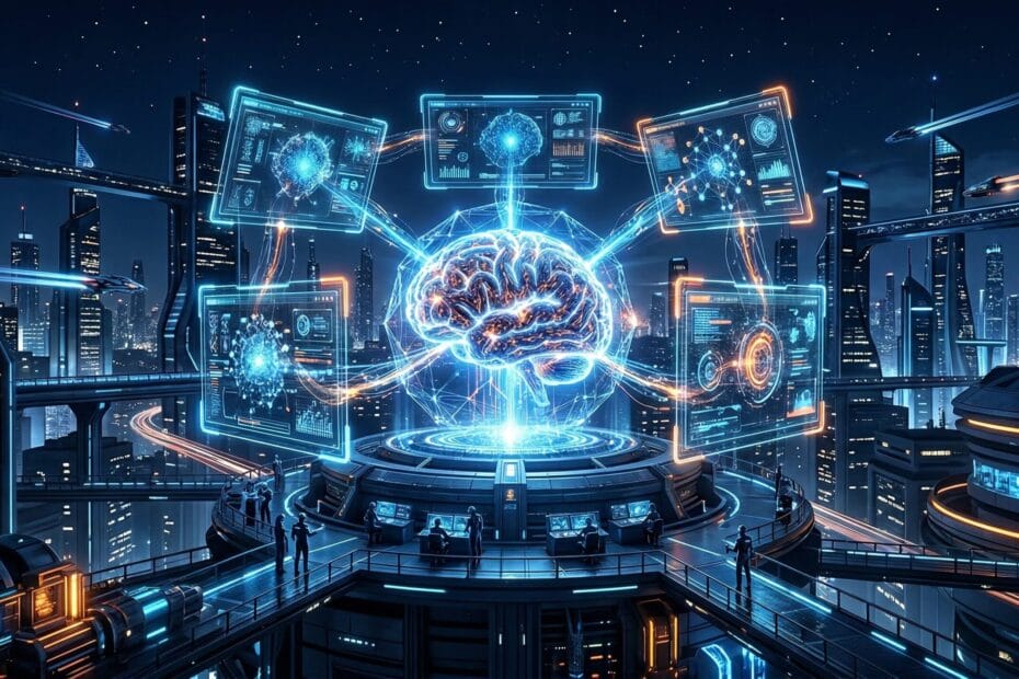 Futuristic visualization of the AI landscape in 2026 showing interconnected technology trends
