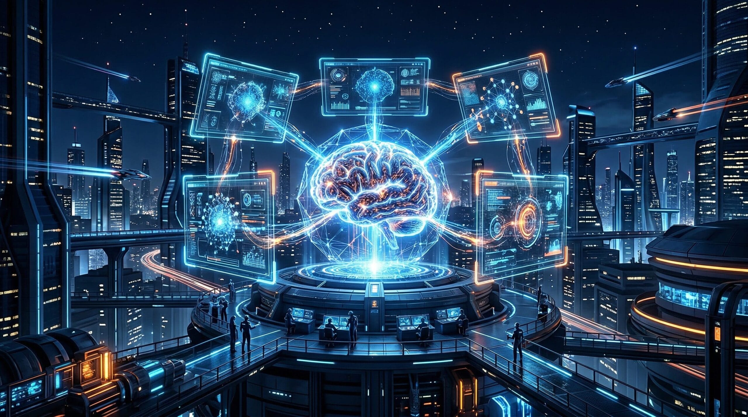 Futuristic visualization of the AI landscape in 2026 showing interconnected technology trends